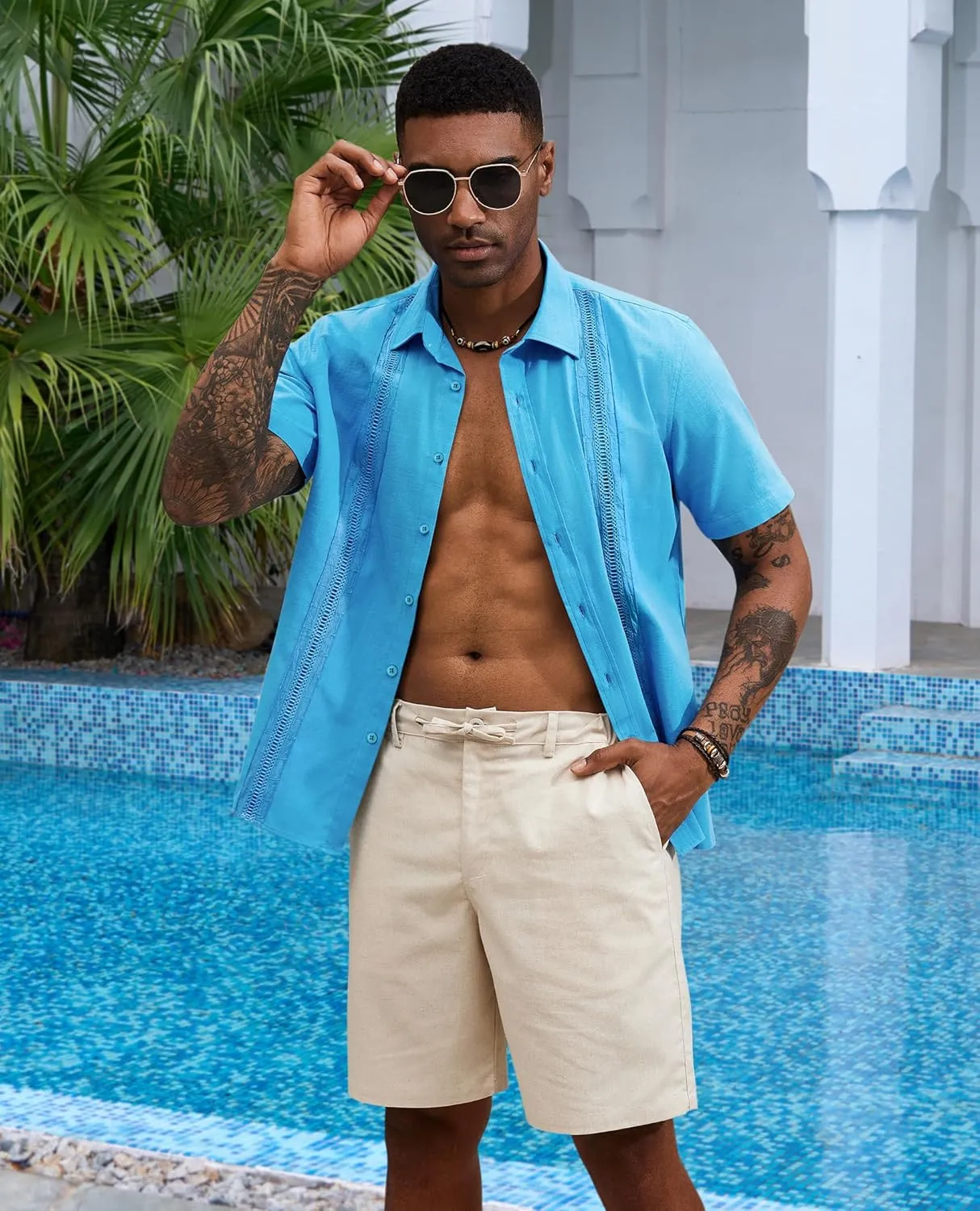 Guayabera Linen Shirts for Men Short Sleeve Button Down Shirt Hawaiian Shirt Cuban Summer Shirts Beach Shirts