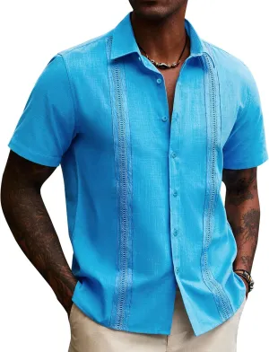 Guayabera Linen Shirts for Men Short Sleeve Button Down Shirt Hawaiian Shirt Cuban Summer Shirts Beach Shirts
