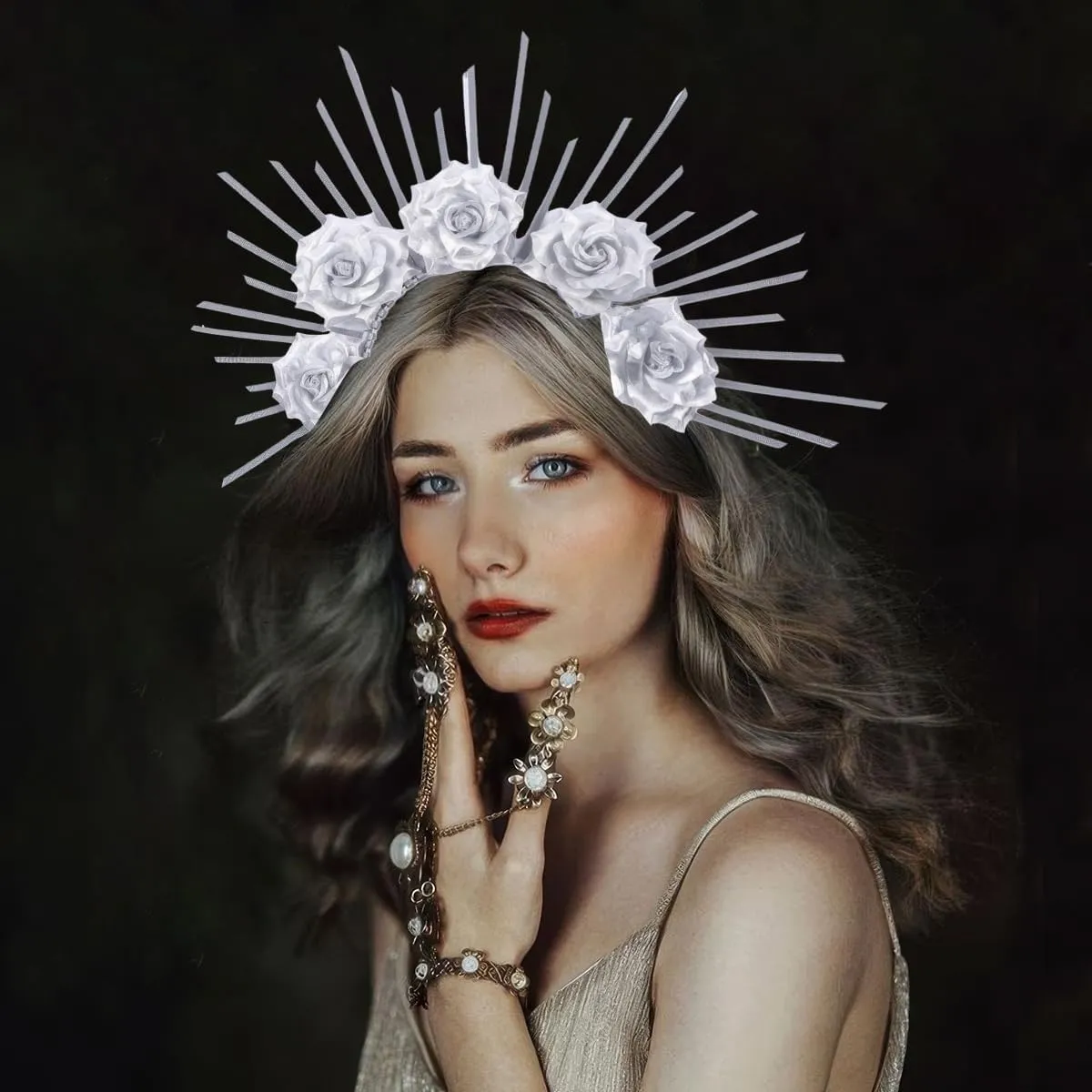 Halo Sun Spike Crown Headband Sunburst Rose Flower Crown Headpiece for Women Halloween Cosplay Party Accessories