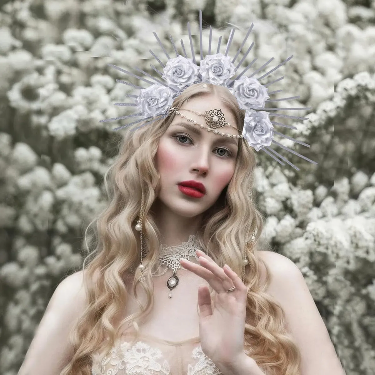 Halo Sun Spike Crown Headband Sunburst Rose Flower Crown Headpiece for Women Halloween Cosplay Party Accessories