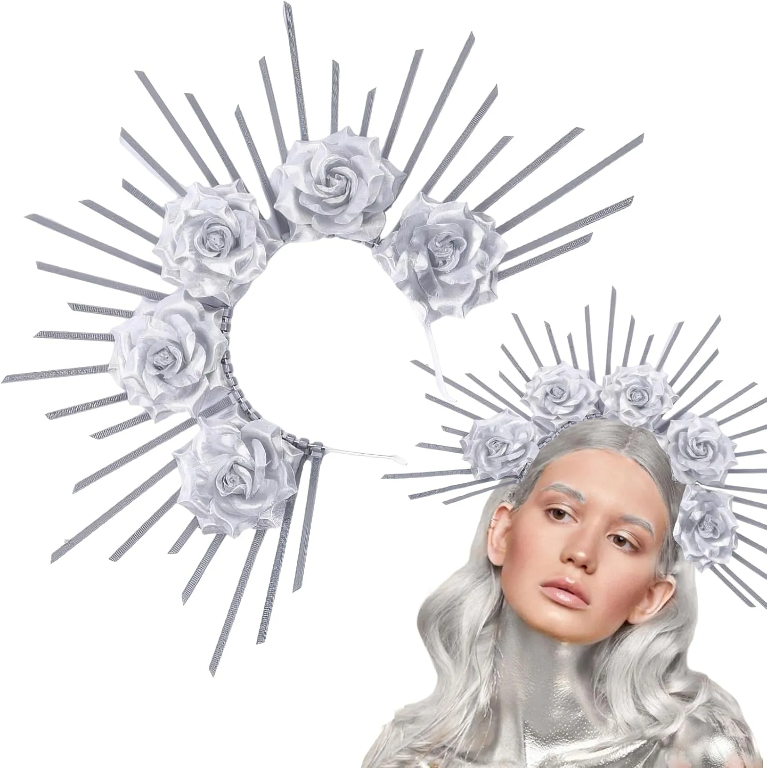 Halo Sun Spike Crown Headband Sunburst Rose Flower Crown Headpiece for Women Halloween Cosplay Party Accessories