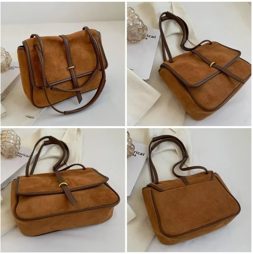Handbags for Women Soft Suede Tote Bag Spacious Square Shoulder Purse Vintage Crossbody Messenger Satchel