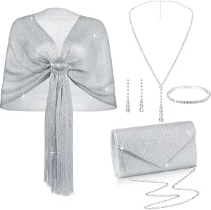 Hicarer 5 Pcs Women Accessories Including Shawls and Wraps, Clutch Purse, Rhinestone Jewelry Sets for Wedding Bridal Party
