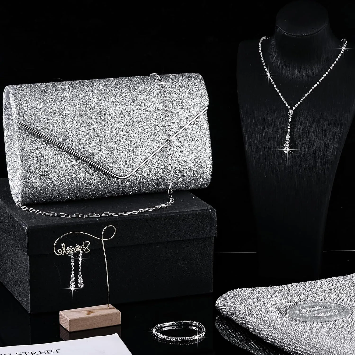 Hicarer 5 Pcs Women Accessories Including Shawls and Wraps, Clutch Purse, Rhinestone Jewelry Sets for Wedding Bridal Party