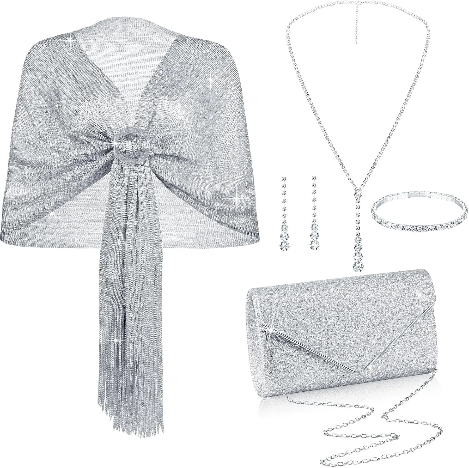 Hicarer 5 Pcs Women Accessories Including Shawls and Wraps, Clutch Purse, Rhinestone Jewelry Sets for Wedding Bridal Party
