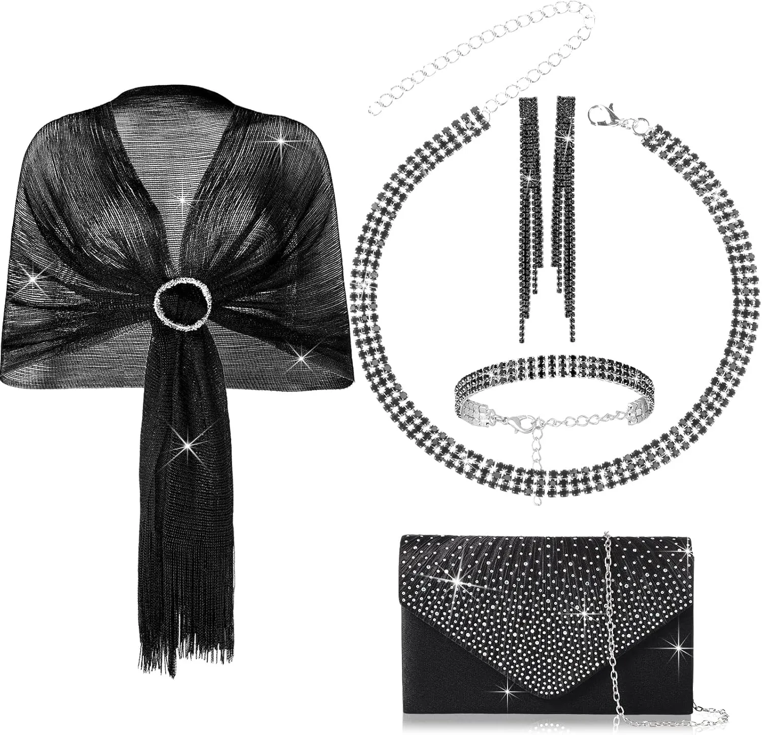 Hicarer 5 Pcs Women Accessories Including Shawls and Wraps, Evening Bag Clutch Purses, Rhinestone Jewelry Sets for Wedding