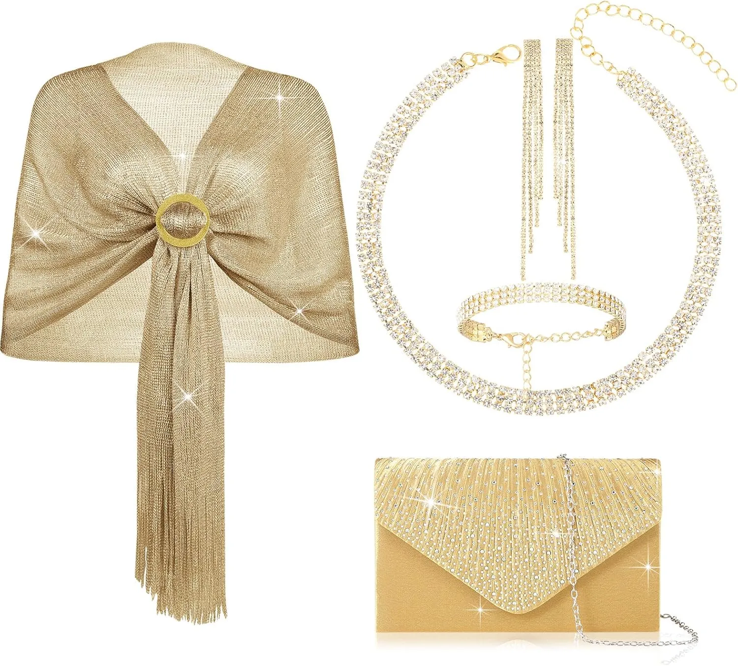 Hicarer 5 Pcs Women Accessories Including Shawls and Wraps, Evening Bag Clutch Purses, Rhinestone Jewelry Sets for Wedding