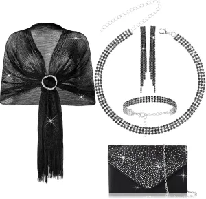 Hicarer 5 Pcs Women Accessories Including Shawls and Wraps, Evening Bag Clutch Purses, Rhinestone Jewelry Sets for Wedding