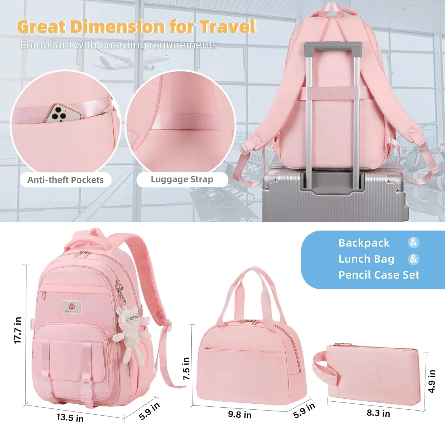 Hidds School Backpack for Teens Girls Women 3 PCS Kids Bookbag Set with Lunch Box College Laptop Backpacks Travel Daypack Bag