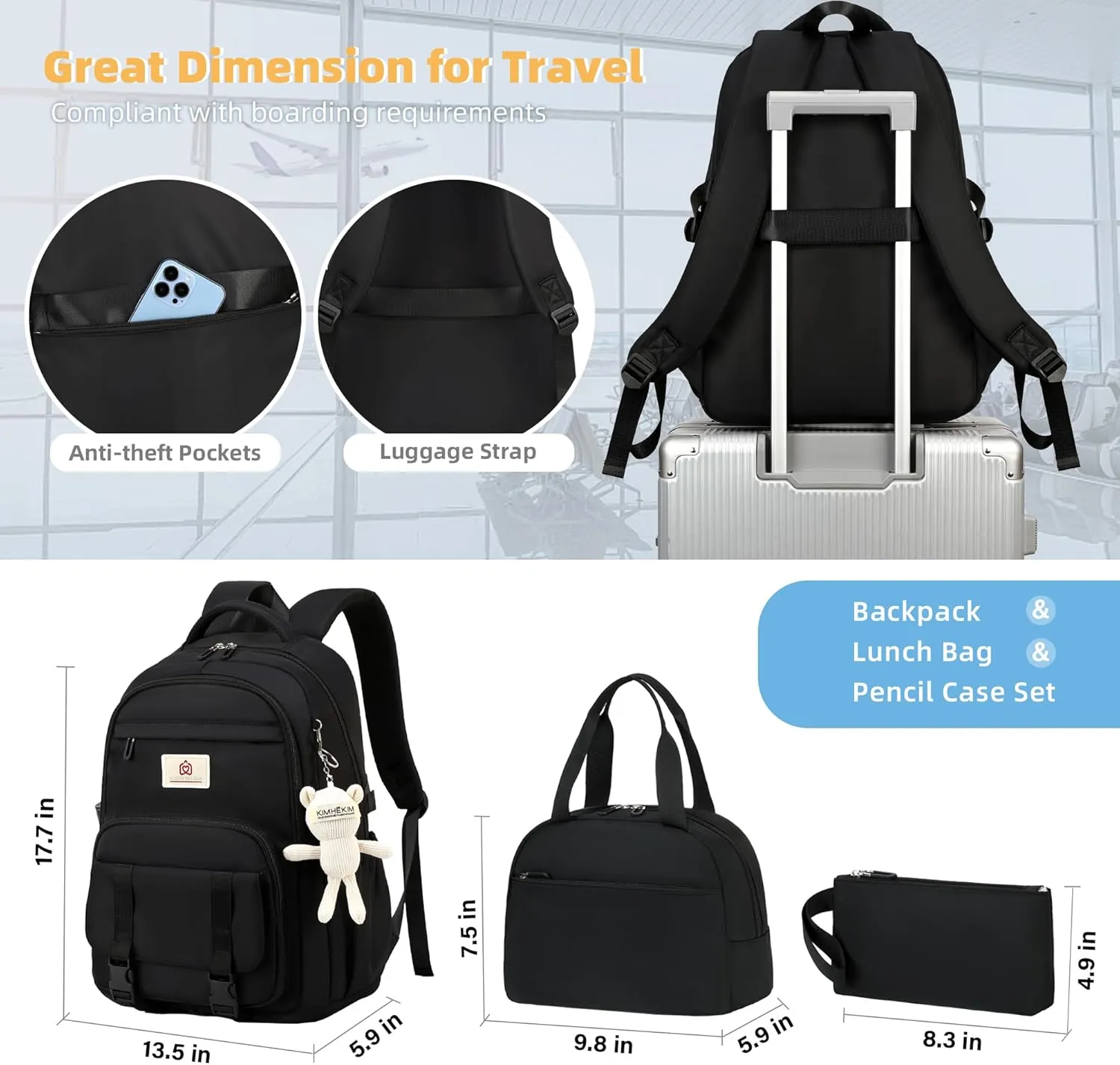 Hidds School Backpack for Teens Girls Women 3 PCS Kids Bookbag Set with Lunch Box College Laptop Backpacks Travel Daypack Bag