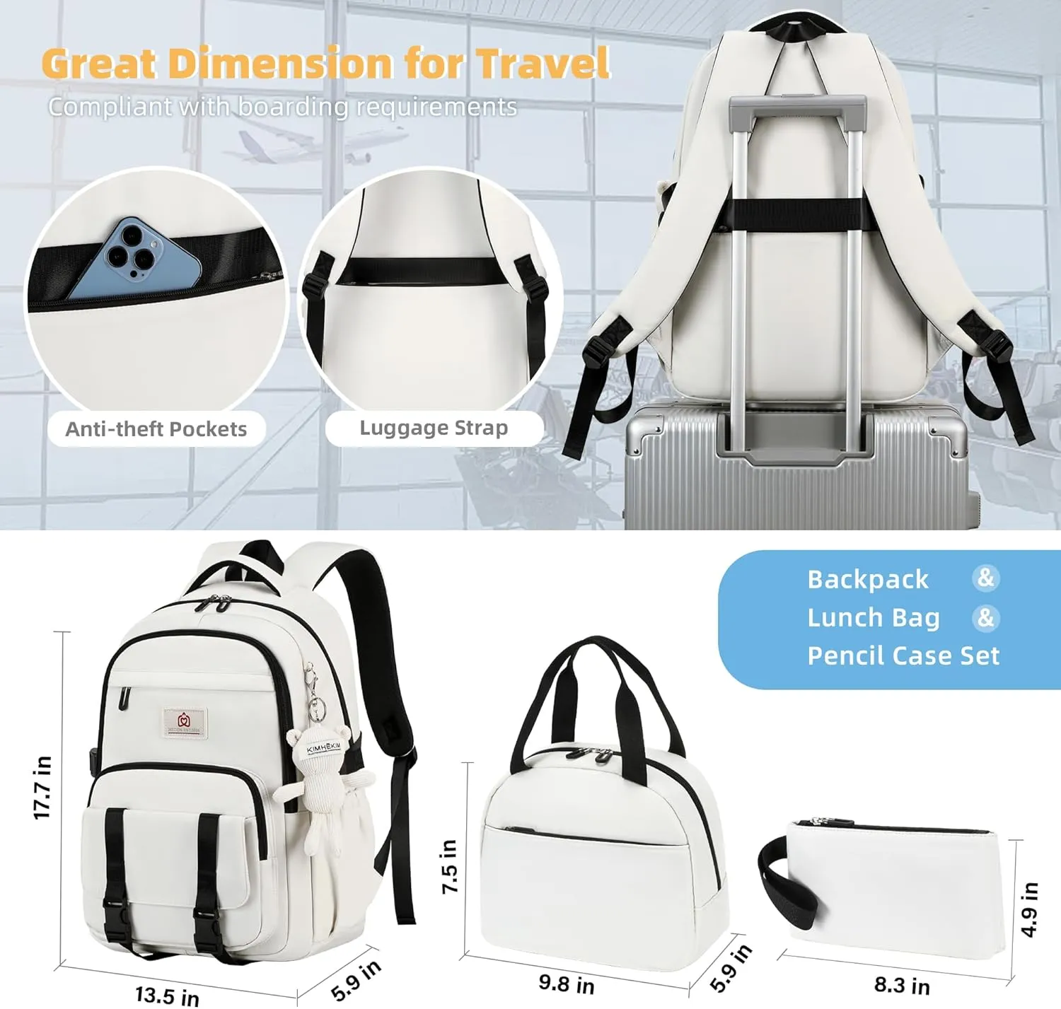 Hidds School Backpack for Teens Girls Women 3 PCS Kids Bookbag Set with Lunch Box College Laptop Backpacks Travel Daypack Bag