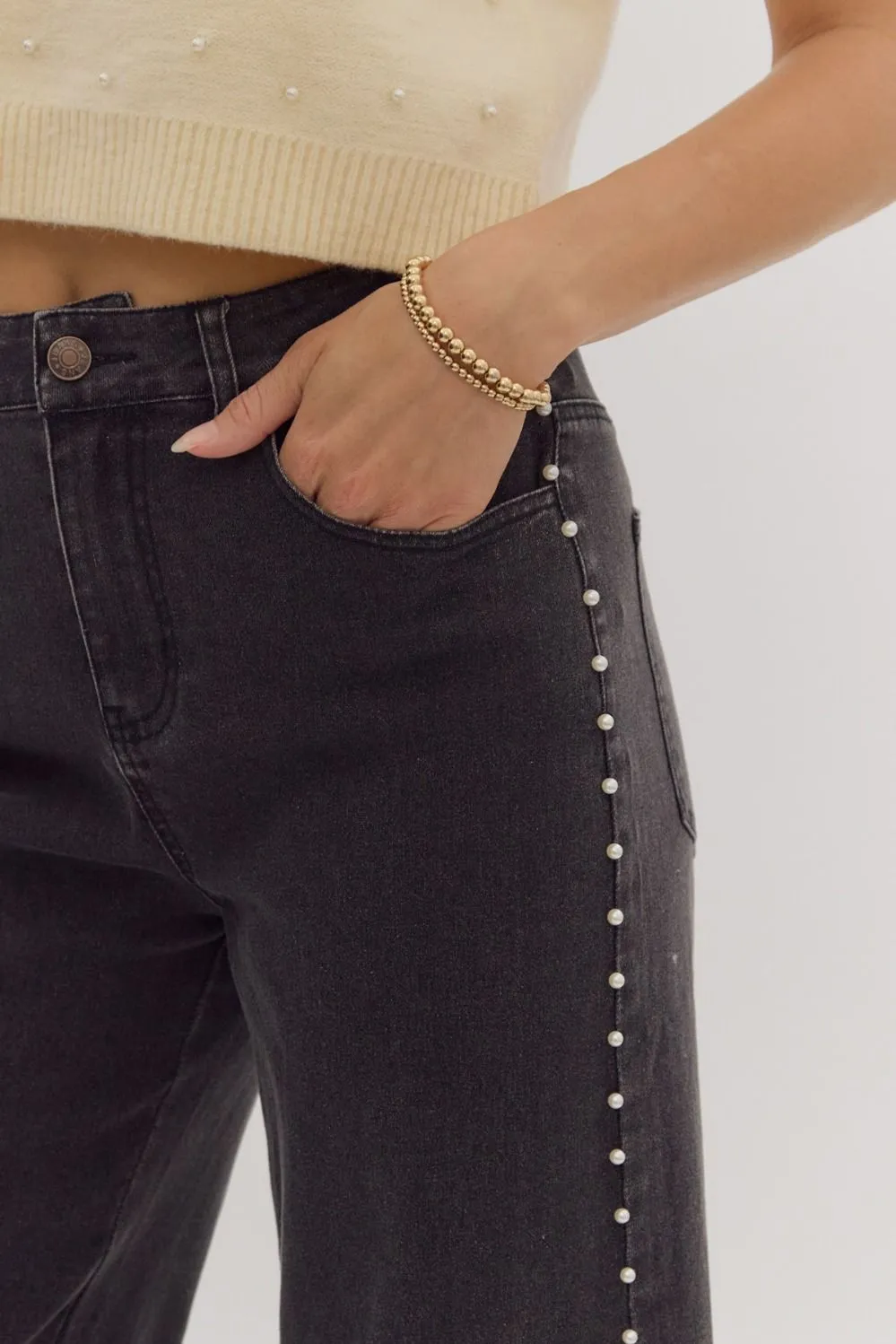 High Waisted Denim Wide Leg Studded Jean