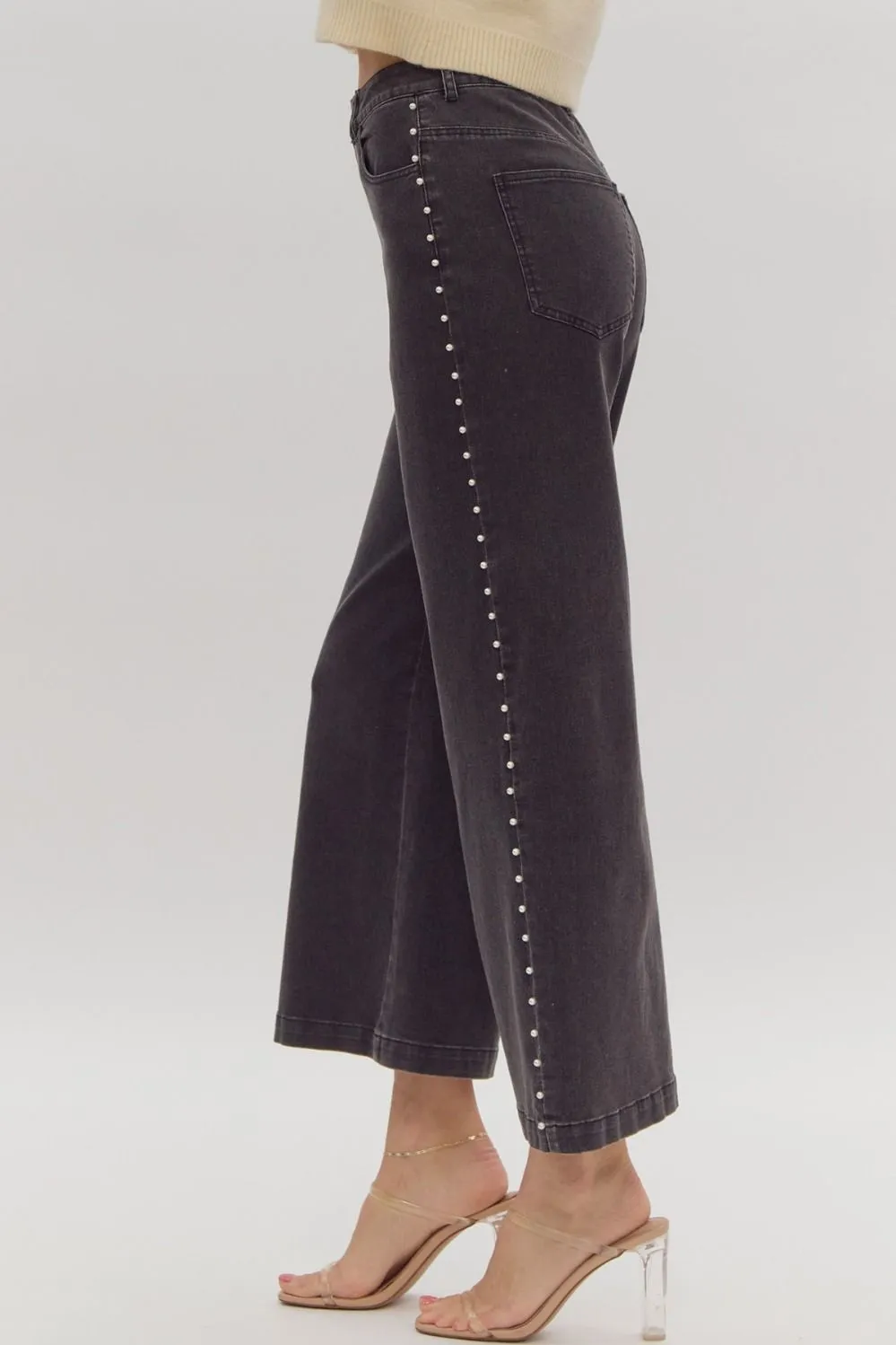 High Waisted Denim Wide Leg Studded Jean