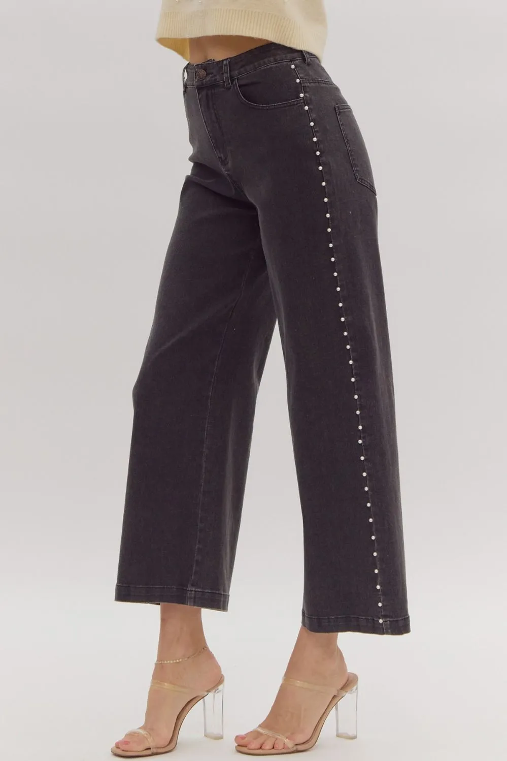 High Waisted Denim Wide Leg Studded Jean