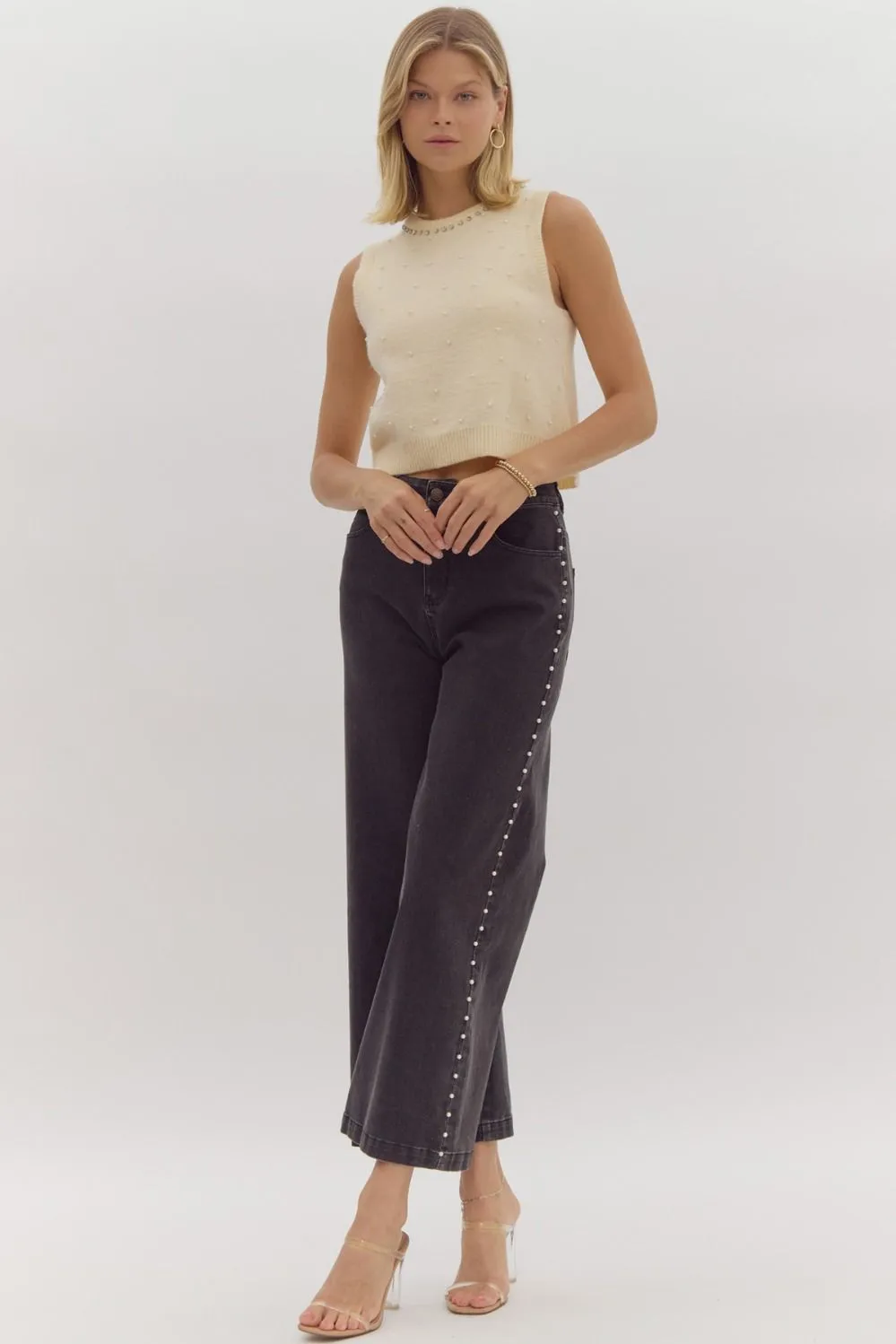High Waisted Denim Wide Leg Studded Jean