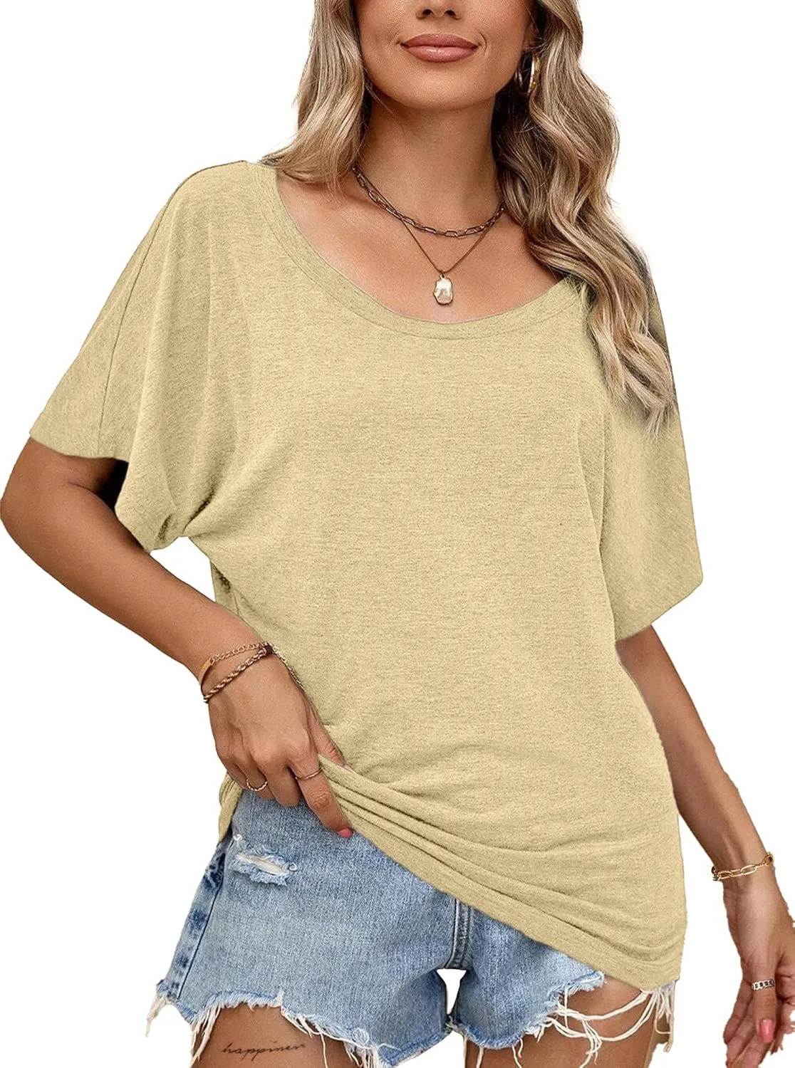 Hilinker Womens Sexy Off The Shoulder Tops Short Batwing Sleeve T Shirt Oversized Casual Tee
