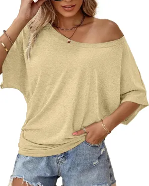 Hilinker Womens Sexy Off The Shoulder Tops Short Batwing Sleeve T Shirt Oversized Casual Tee