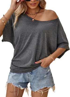 Hilinker Womens Sexy Off The Shoulder Tops Short Batwing Sleeve T Shirt Oversized Casual Tee