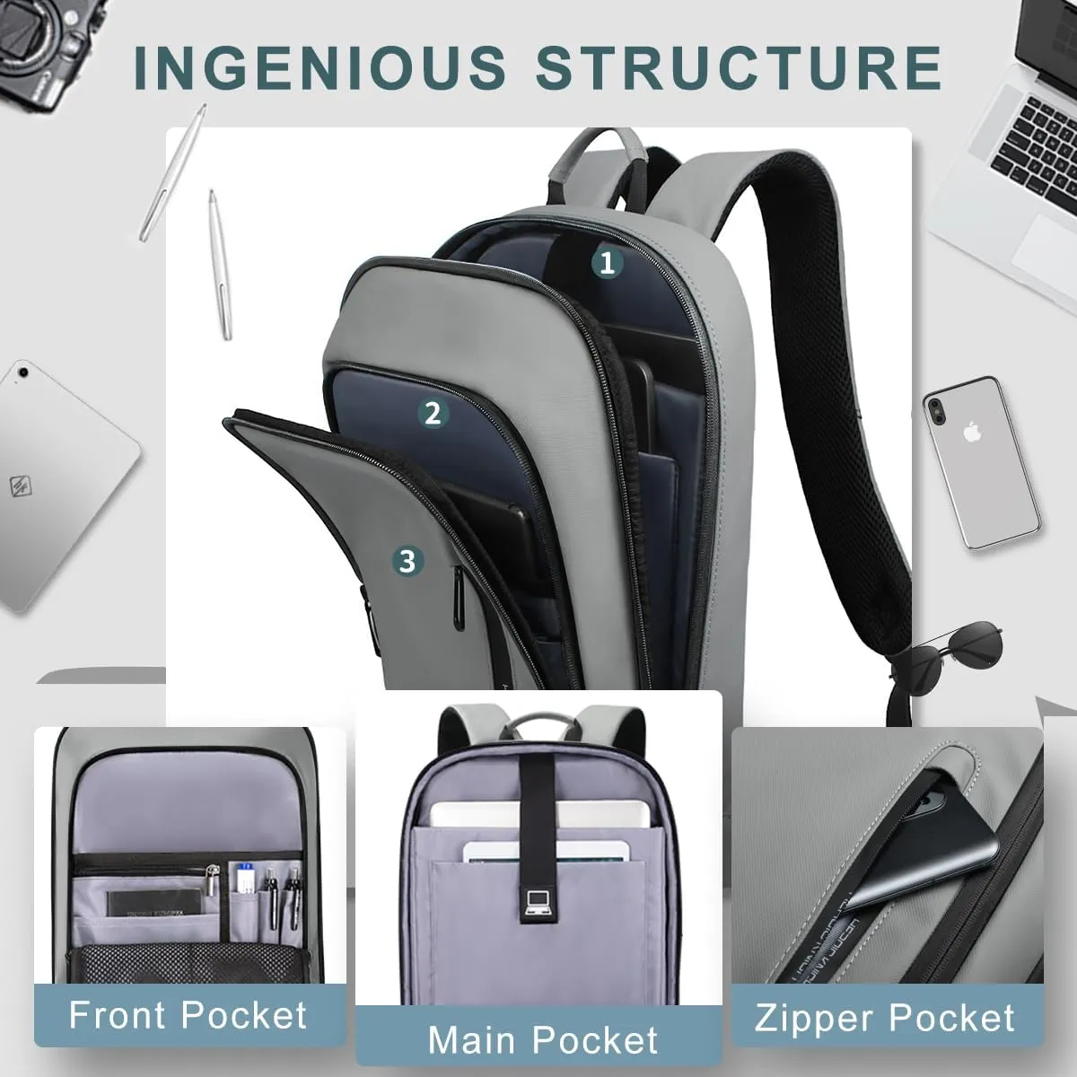 hk Backpack for Men Business Slim Backpack with USB Charger Computer Lightweight Anti-theft Travel Backpacks 15.6 inch Water Resistant Laptop Bag for Work Office College-Grey