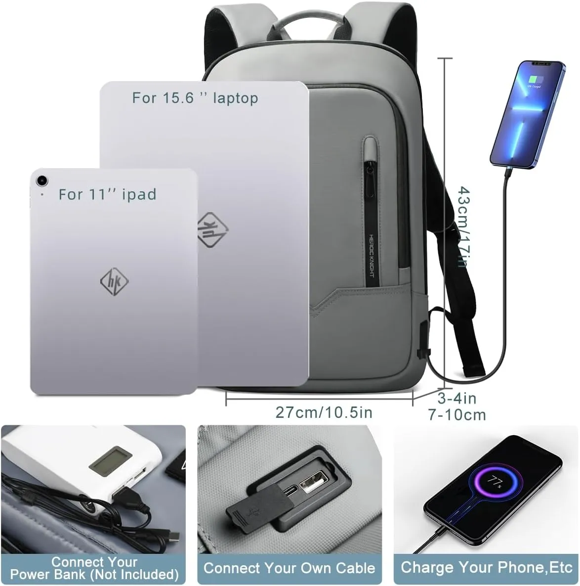 hk Backpack for Men Business Slim Backpack with USB Charger Computer Lightweight Anti-theft Travel Backpacks 15.6 inch Water Resistant Laptop Bag for Work Office College-Grey