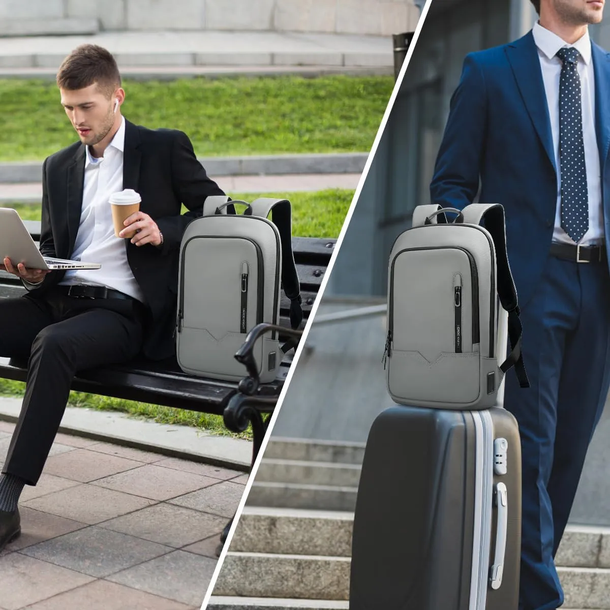 hk Backpack for Men Business Slim Backpack with USB Charger Computer Lightweight Anti-theft Travel Backpacks 15.6 inch Water Resistant Laptop Bag for Work Office College-Grey