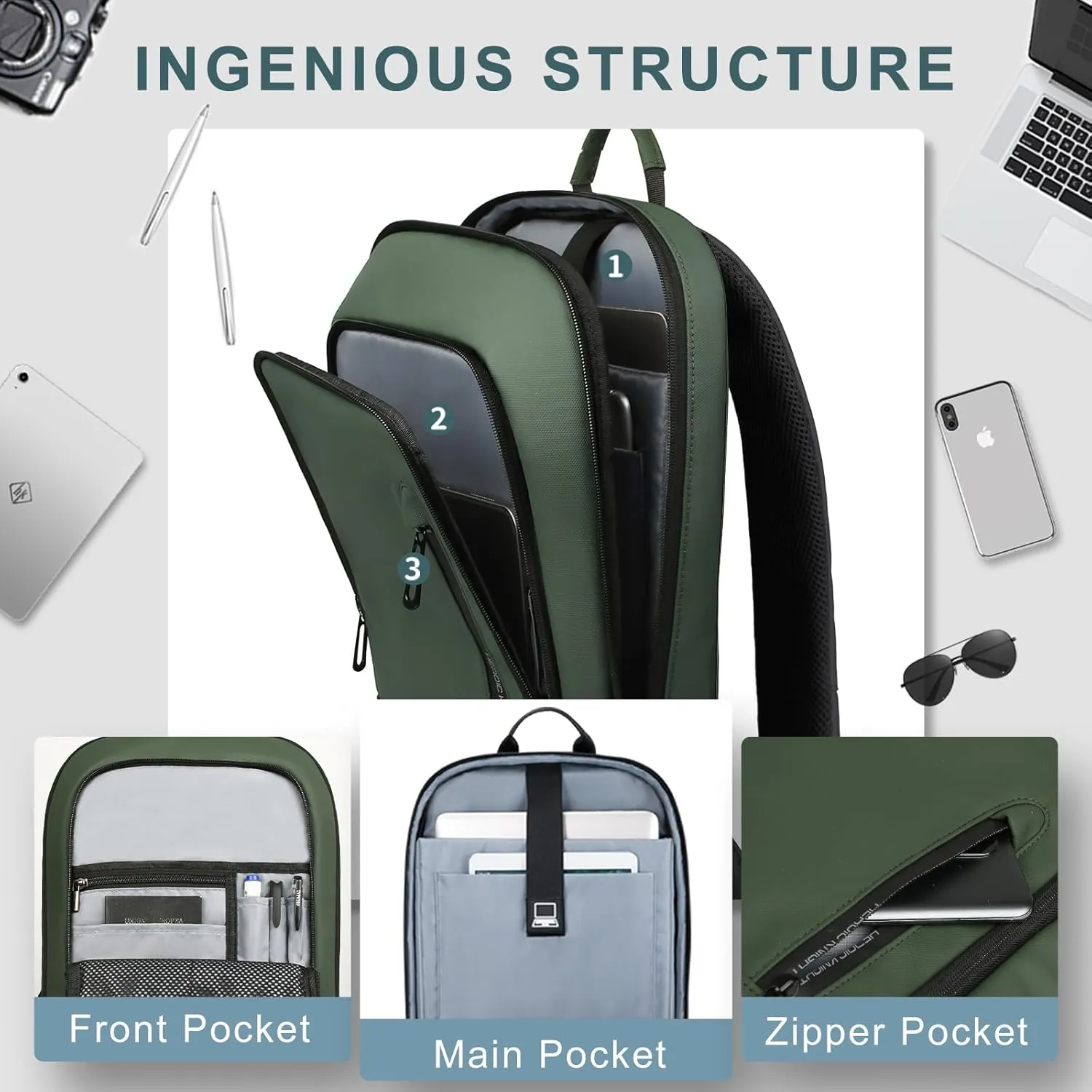 hk Backpack for Men Business Slim Backpack with USB Charger Computer Lightweight Anti-theft Travel (Green, 15.6 Inch)