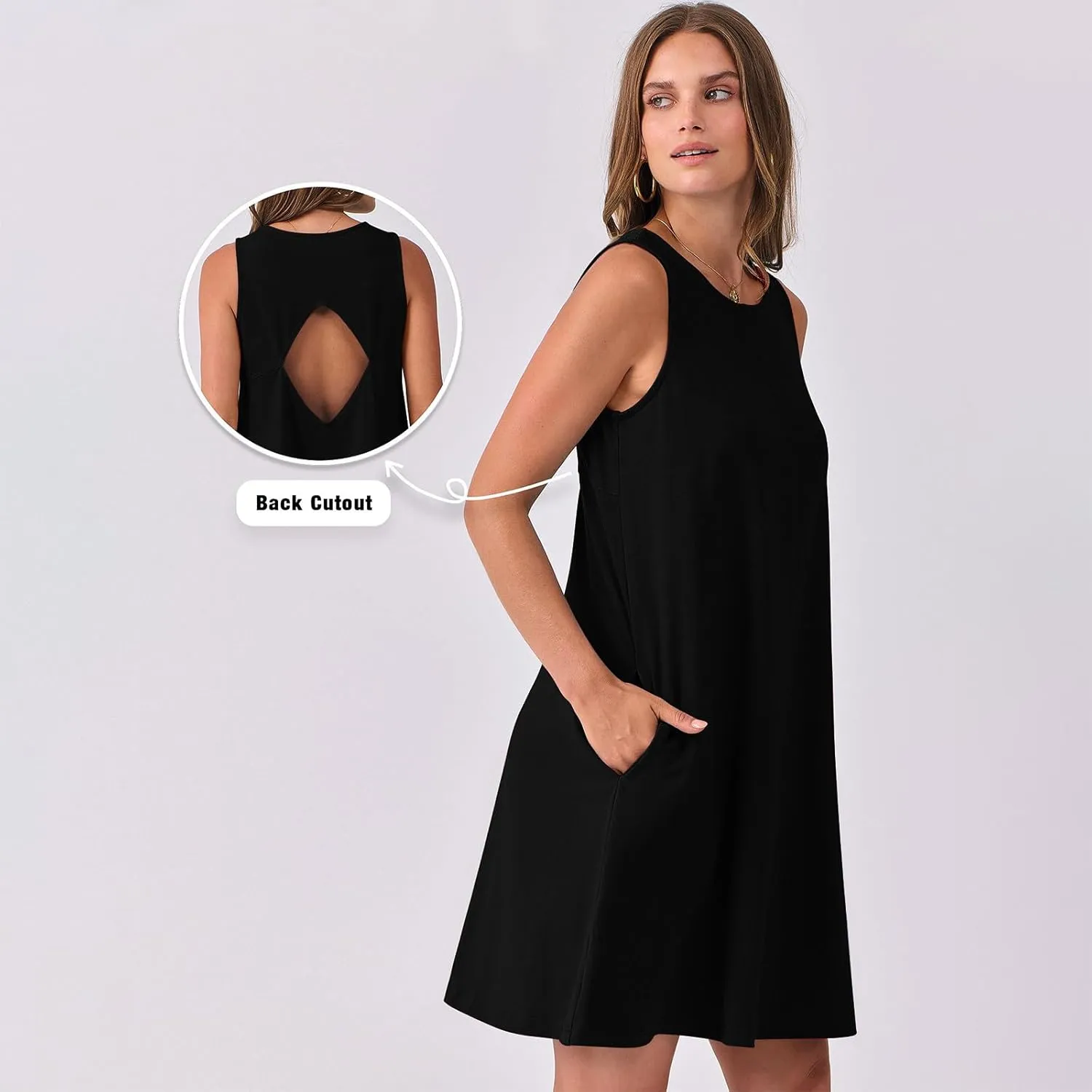 hlysgo A Line Dresses for Women Summer Cutout Back Sleeveless Mini Sundress Casual Loose Fit Coverup Beach Dress with Pocket