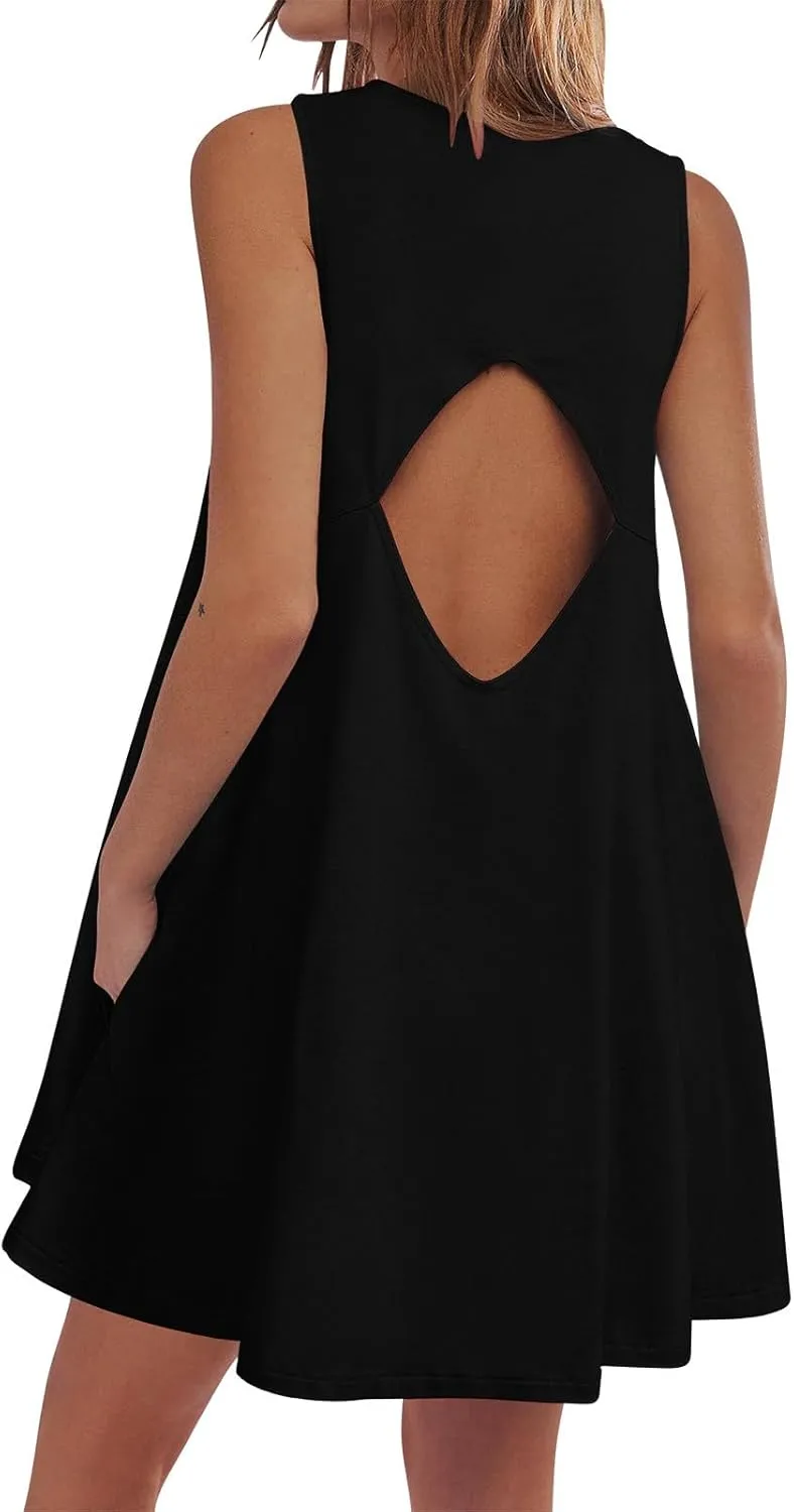 hlysgo A Line Dresses for Women Summer Cutout Back Sleeveless Mini Sundress Casual Loose Fit Coverup Beach Dress with Pocket