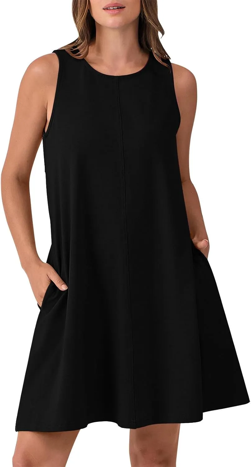hlysgo A Line Dresses for Women Summer Cutout Back Sleeveless Mini Sundress Casual Loose Fit Coverup Beach Dress with Pocket