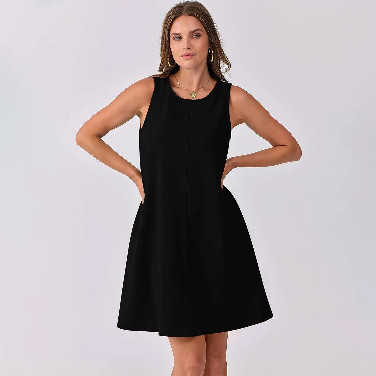 hlysgo A Line Dresses for Women Summer Cutout Back Sleeveless Mini Sundress Casual Loose Fit Coverup Beach Dress with Pocket