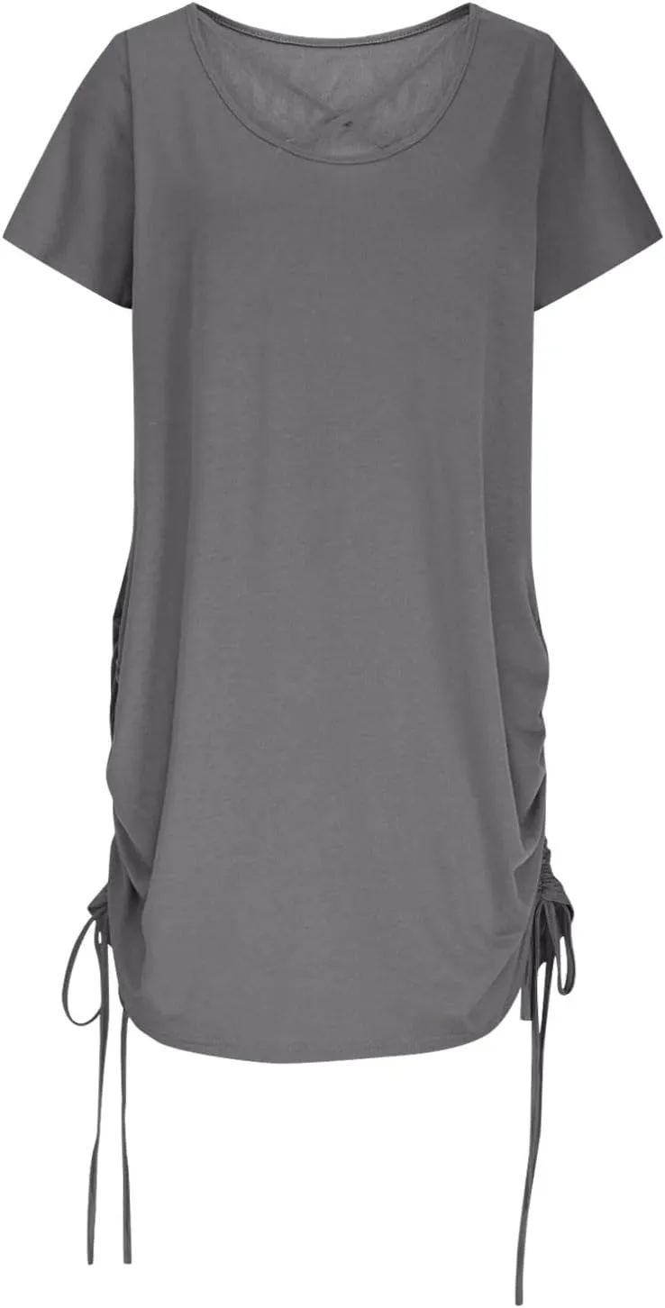 hlysgo Dresses for Women 2025 Summer Side Shirring Short Sleeve V Neck Mini Dresses Casual Cutout Back Beach Coverup Dress