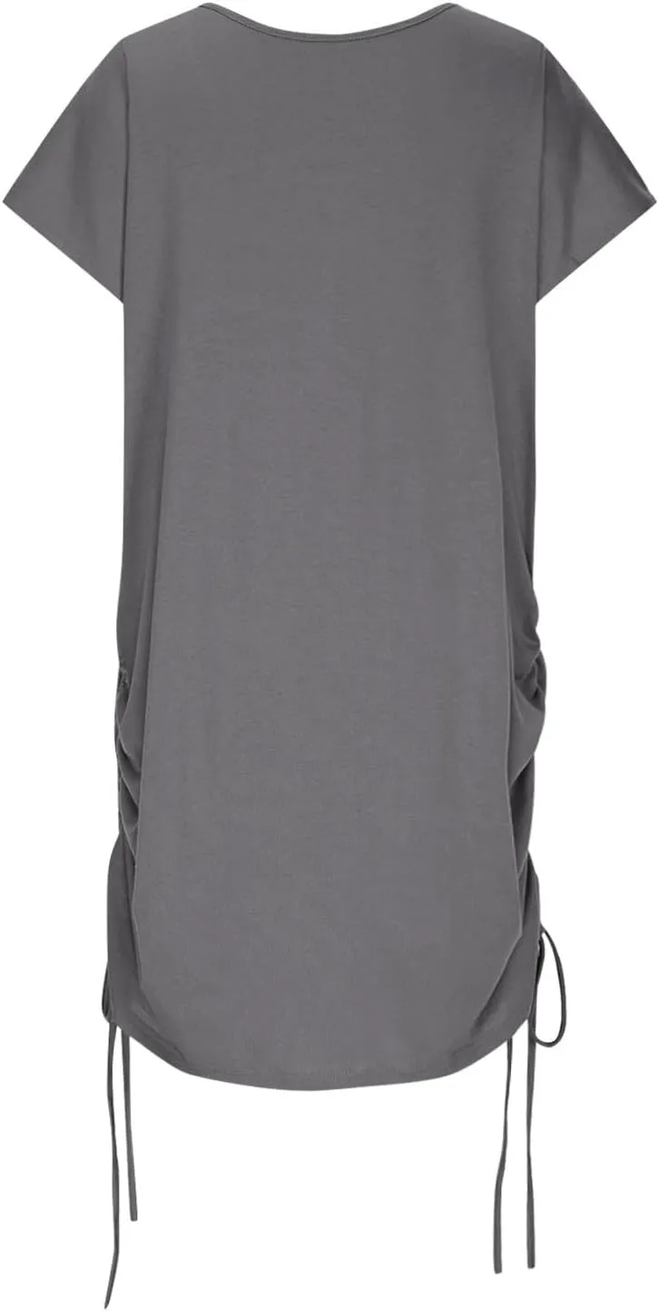 hlysgo Dresses for Women 2025 Summer Side Shirring Short Sleeve V Neck Mini Dresses Casual Cutout Back Beach Coverup Dress