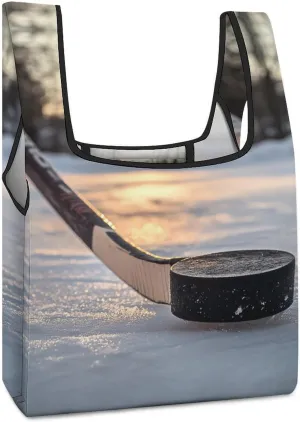 Hockey Puck And Stick Sliding Across The Ice Shopping Bags Reusable Grocery Bag Lightweight Tote Bags Holiday Bags with Handles