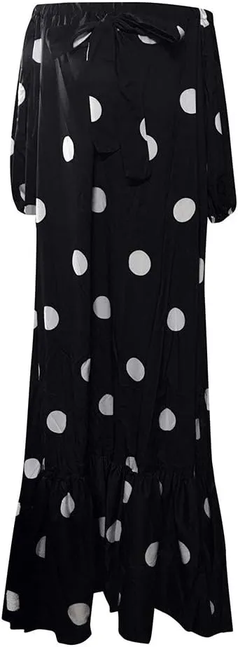 iQKA Women Off Shoulder Polka Dot Printed Maxi Dress Plus Size Summer Ruffle Bow Long Dress