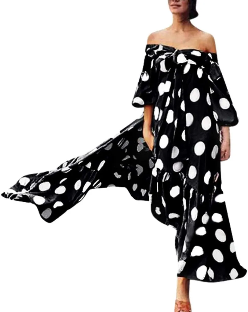 iQKA Women Off Shoulder Polka Dot Printed Maxi Dress Plus Size Summer Ruffle Bow Long Dress