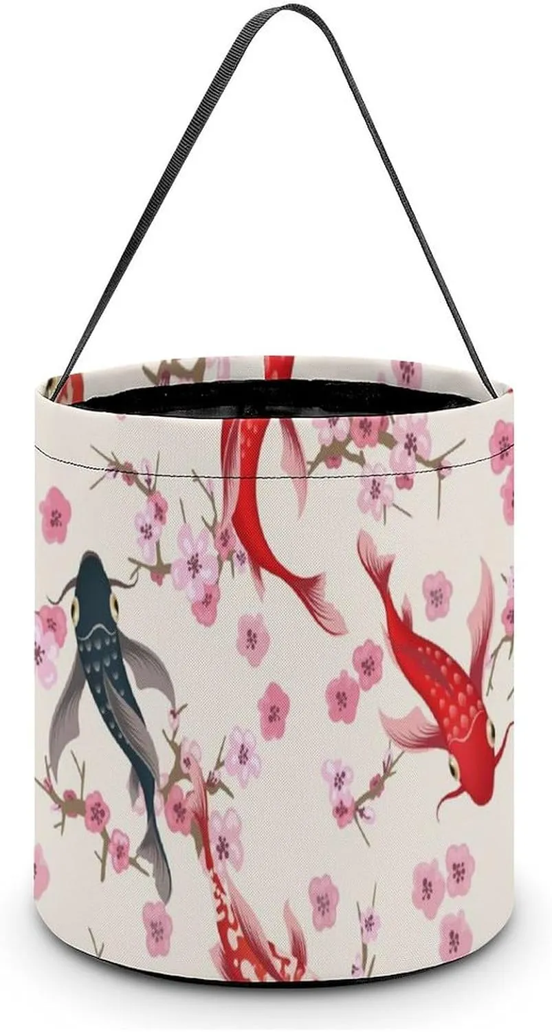 Japanese Fish Cherry Florals Funny Easter Egg Bags Trick-o-r-Treat Tote Bag Reusable Bucket Storage Basket Handbag Party Novelty