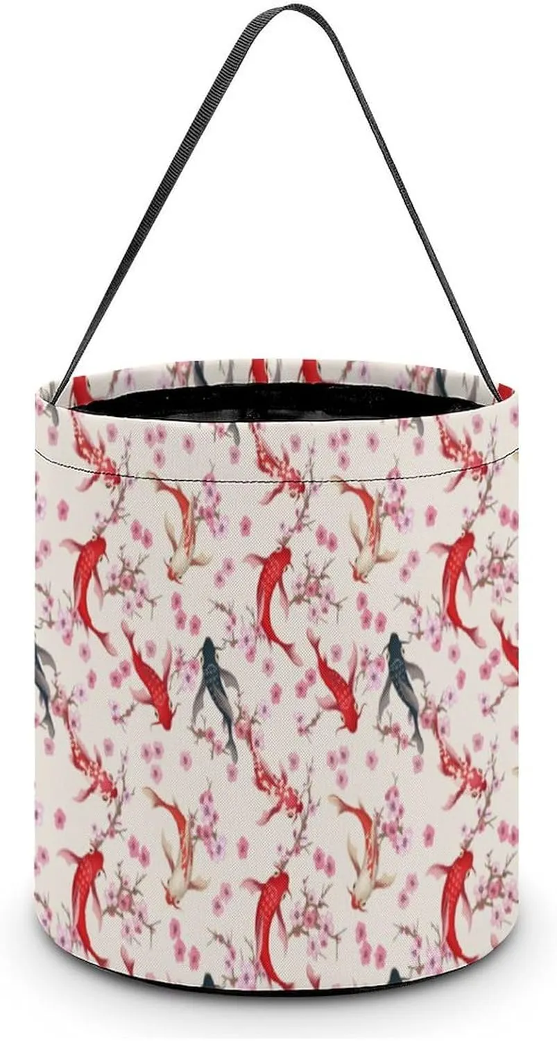 Japanese Fish Cherry Florals Funny Easter Egg Bags Trick-o-r-Treat Tote Bag Reusable Bucket Storage Basket Handbag Party Novelty
