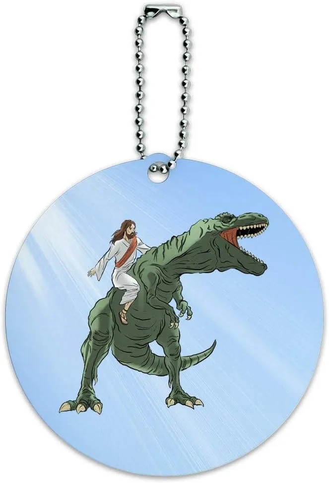 Jesus Riding a T-Rex Round Luggage ID Tag Card Suitcase Carry-On