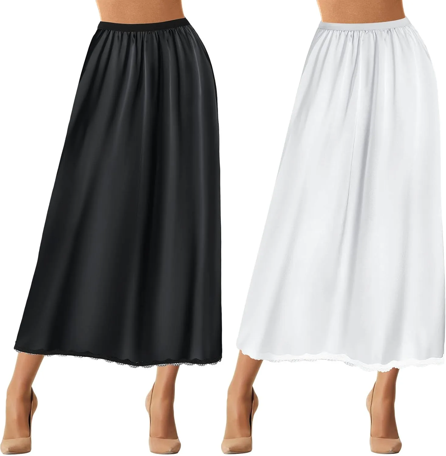 Jiuguva 2 Pieces Half Slip Lace Long Underskirt Women's Satin Half Slip for Under Dresses
