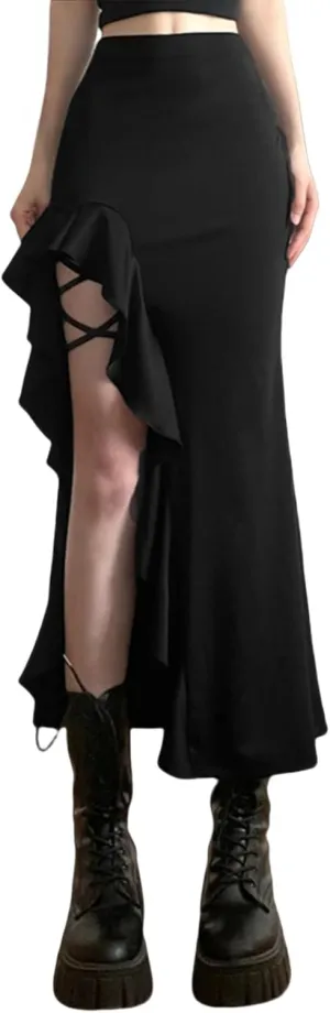 JUMISEE Women's Sexy Slit Goth Midi Skirt High Waist Ruffle Bodycon Skirt Y2K Leg Wraps Asymmetrical Long Skirt