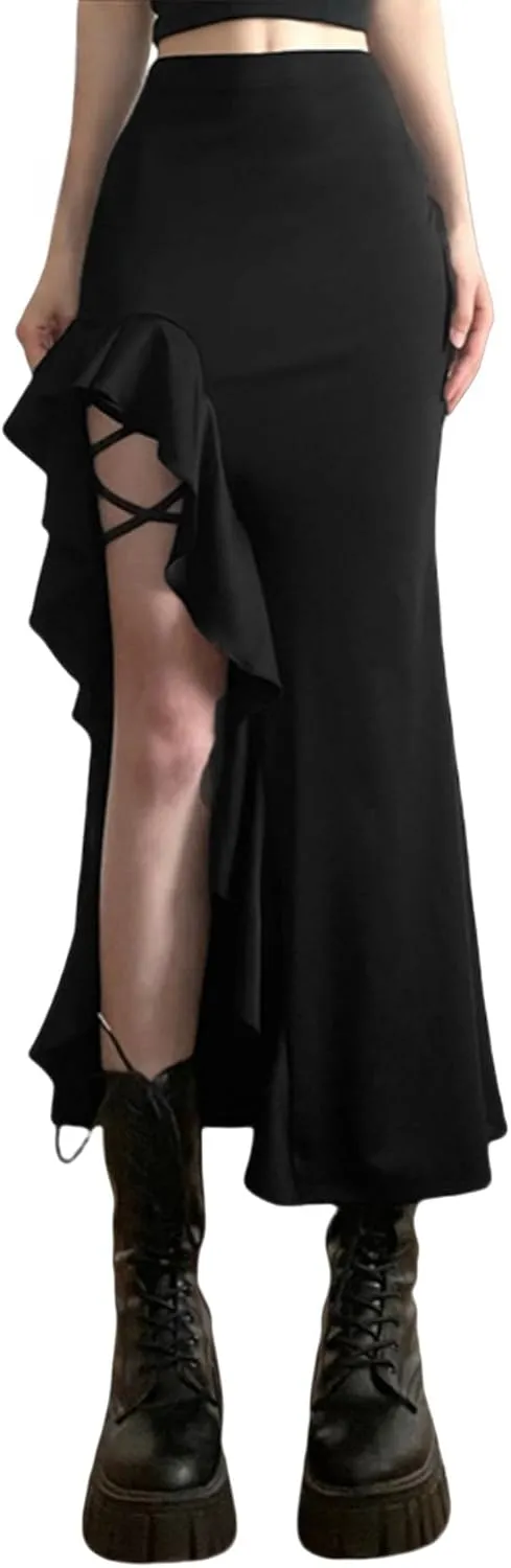 JUMISEE Women's Sexy Slit Goth Midi Skirt High Waist Ruffle Bodycon Skirt Y2K Leg Wraps Asymmetrical Long Skirt