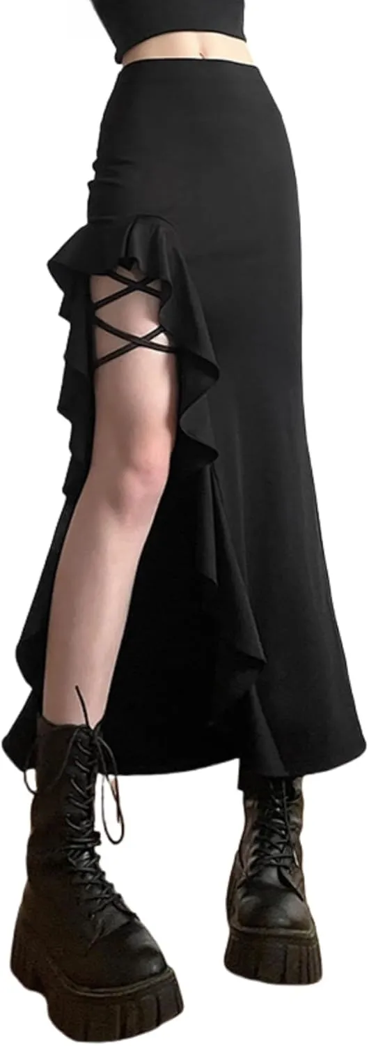 JUMISEE Women's Sexy Slit Goth Midi Skirt High Waist Ruffle Bodycon Skirt Y2K Leg Wraps Asymmetrical Long Skirt