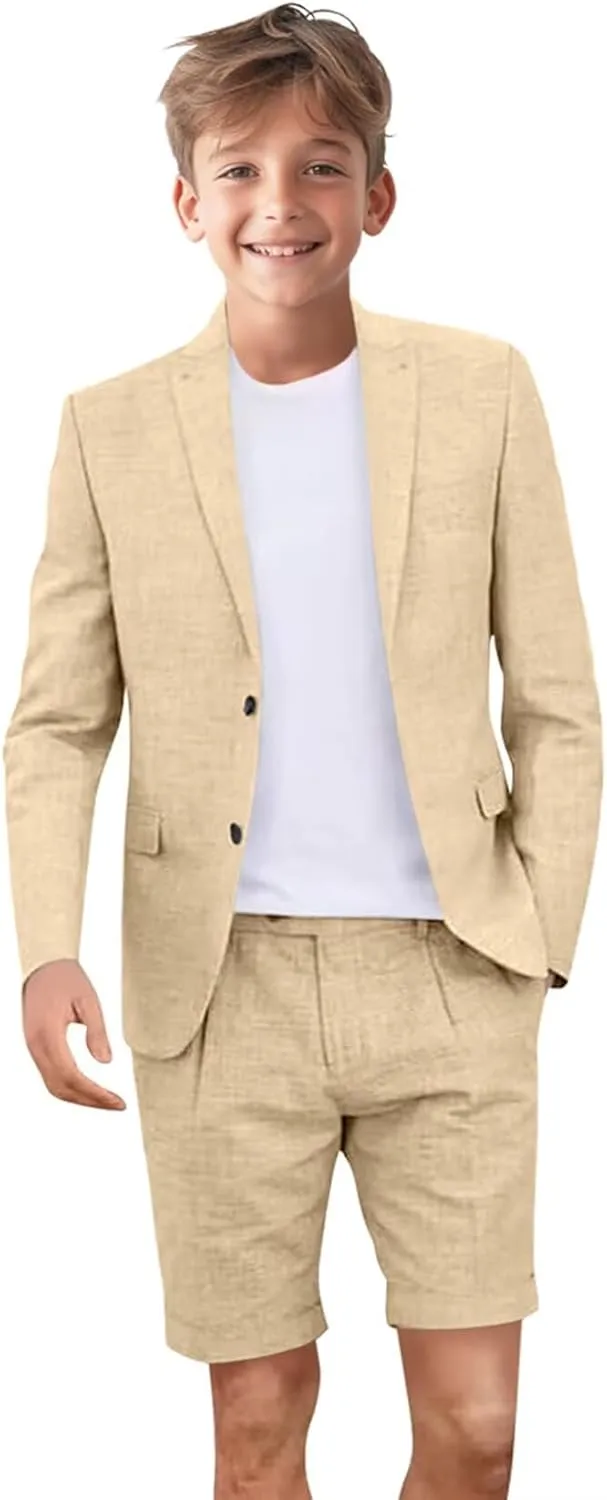 Kids Linen Shorts Suit for Boys Summer Outfit Beach Wedding Lightweight Tuxedo Short Suits 2 Piece Set