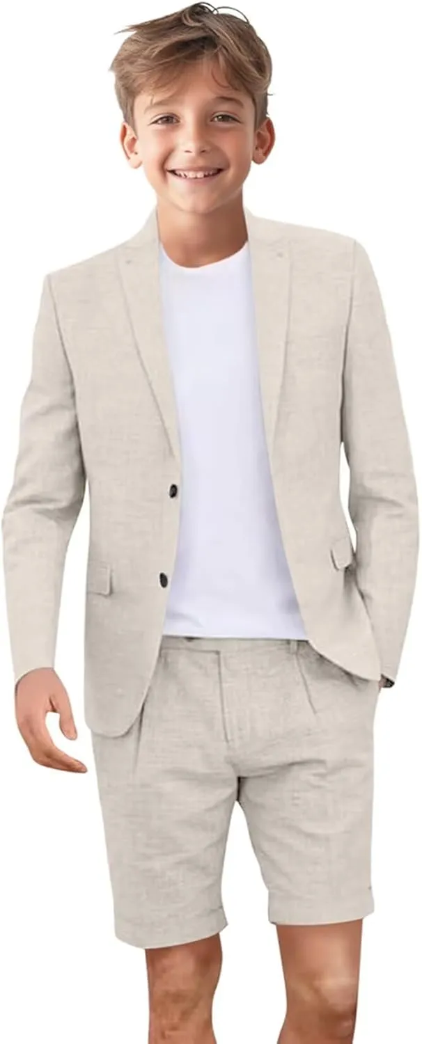 Kids Linen Shorts Suit for Boys Summer Outfit Beach Wedding Lightweight Tuxedo Short Suits 2 Piece Set