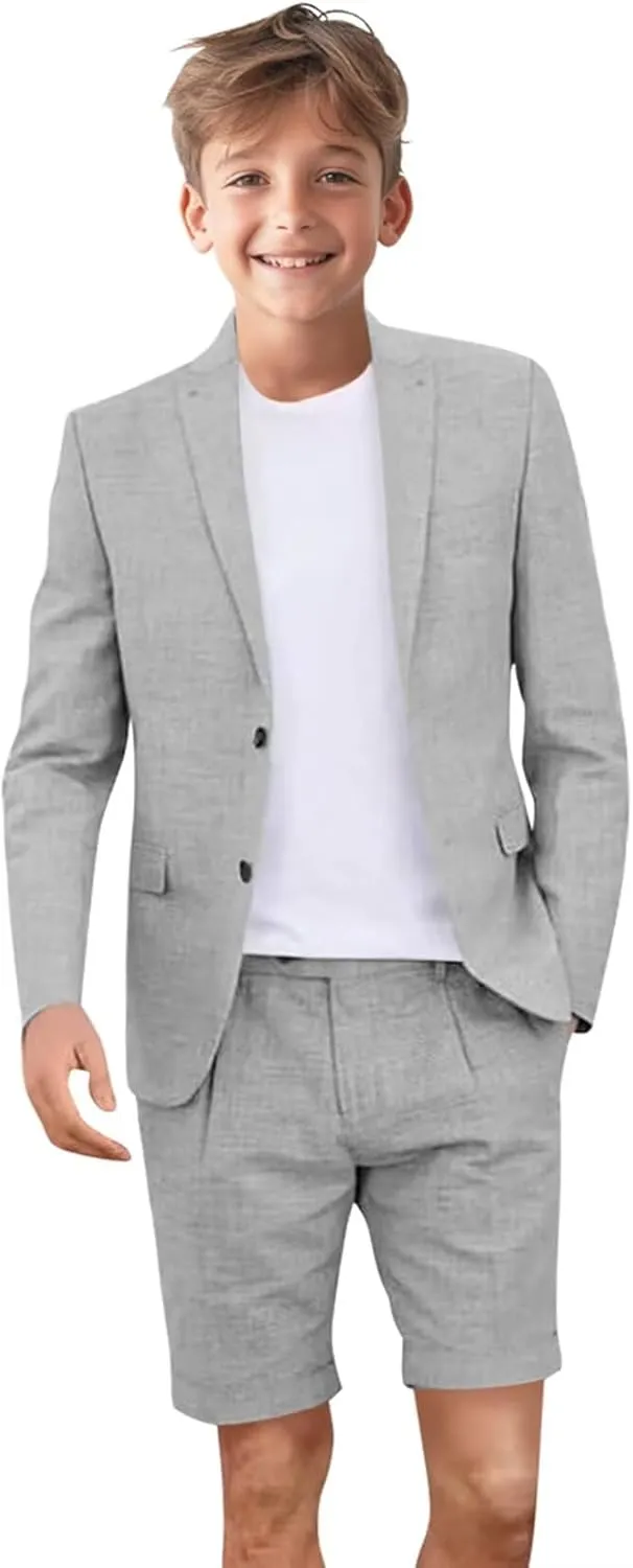 Kids Linen Shorts Suit for Boys Summer Outfit Beach Wedding Lightweight Tuxedo Short Suits 2 Piece Set