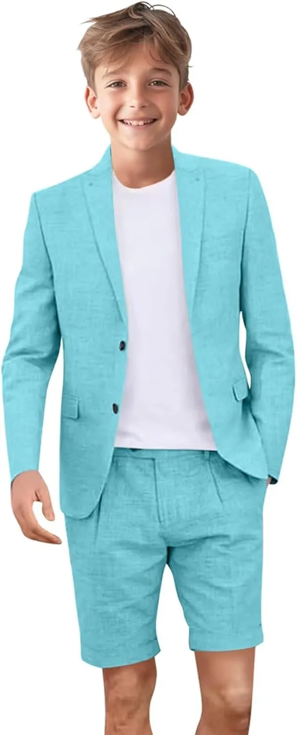 Kids Linen Shorts Suit for Boys Summer Outfit Beach Wedding Lightweight Tuxedo Short Suits 2 Piece Set