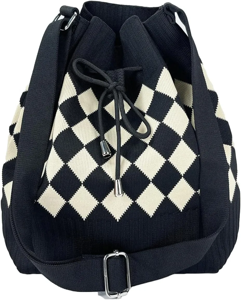 Knit Bucket Bag Women 2025 Trendy Spring Crochet Knitted Drawstring Shoulder Bags Crossbody Purse Geometric Pattern