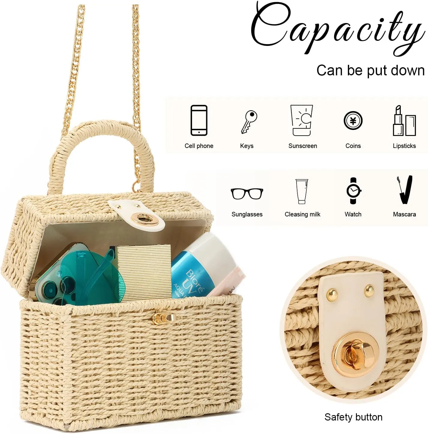 KUANG! Handwoven Rattan Bag for Women Woven Straw Square Crossbody Bag Vintage Basket Purse Beach Tote Bag