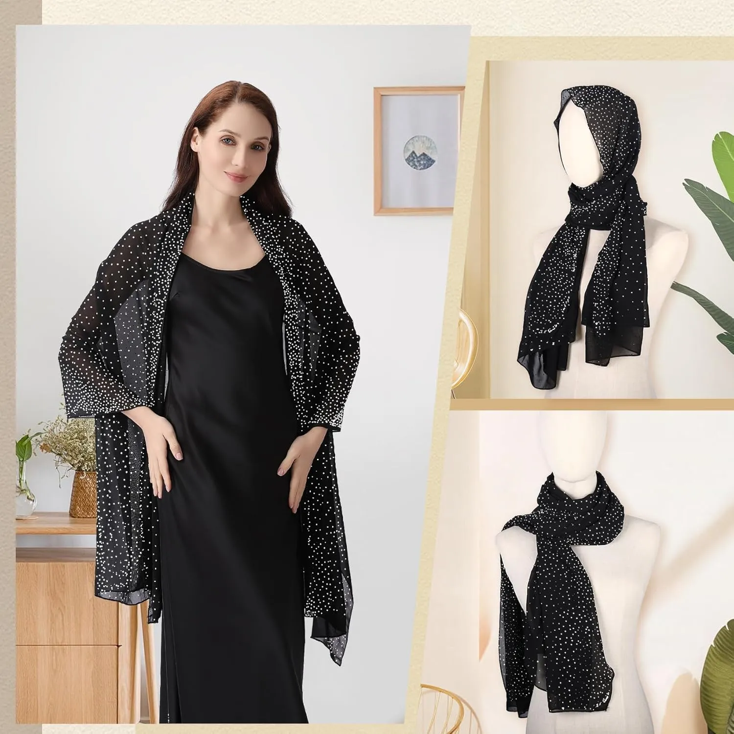 Ladiery Shawl and Wraps for Evening Dresses, Soft Sheer Chiffon Sparkly Rhinestone Wedding Scarf Formal Shawl Wraps for Women