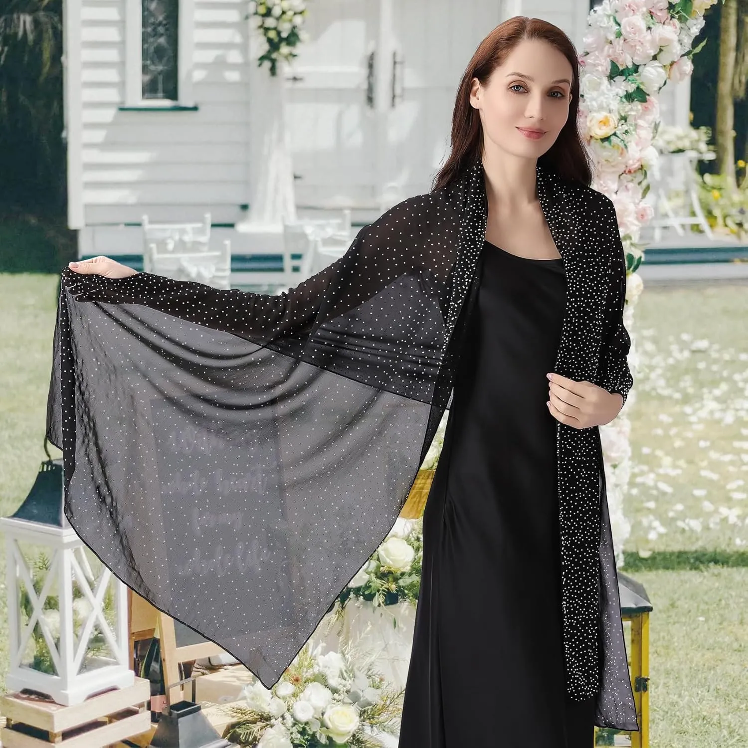Ladiery Shawl and Wraps for Evening Dresses, Soft Sheer Chiffon Sparkly Rhinestone Wedding Scarf Formal Shawl Wraps for Women